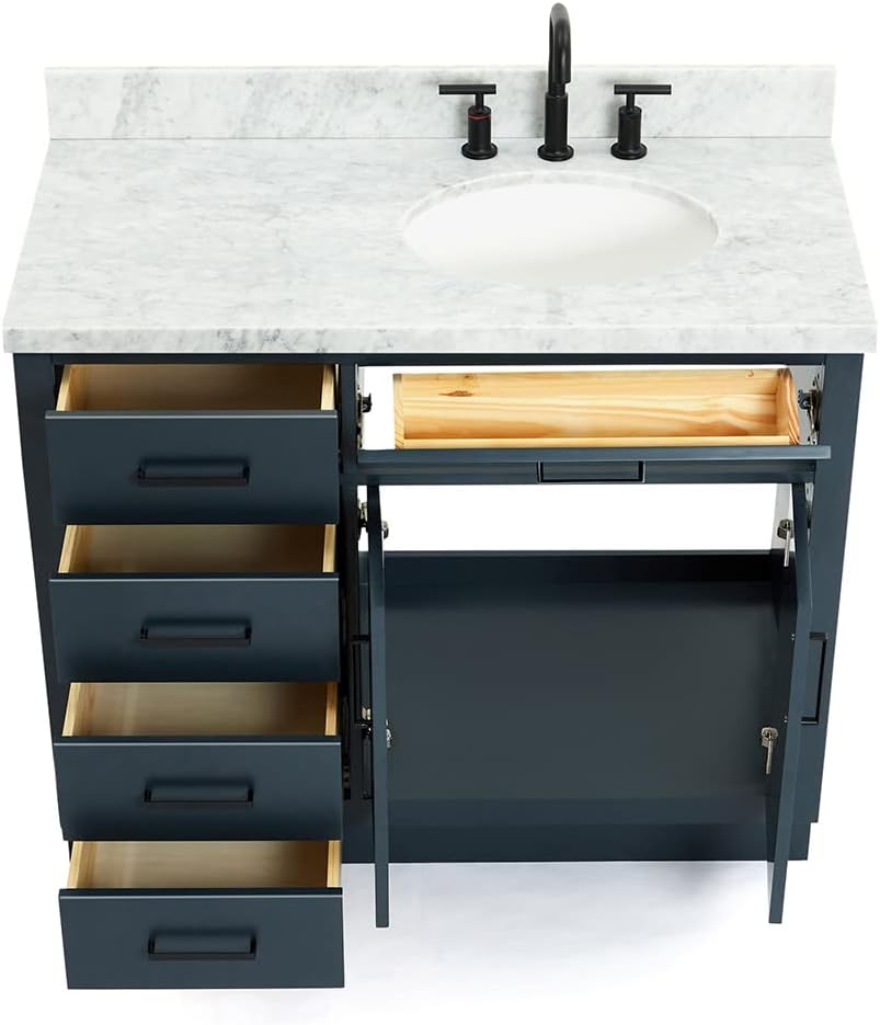 ARIEL Hepburn 43' Inch Right Offset Oval Sink Vanity with 1.5' Edge Carrara White Countertop in Midnight Blue