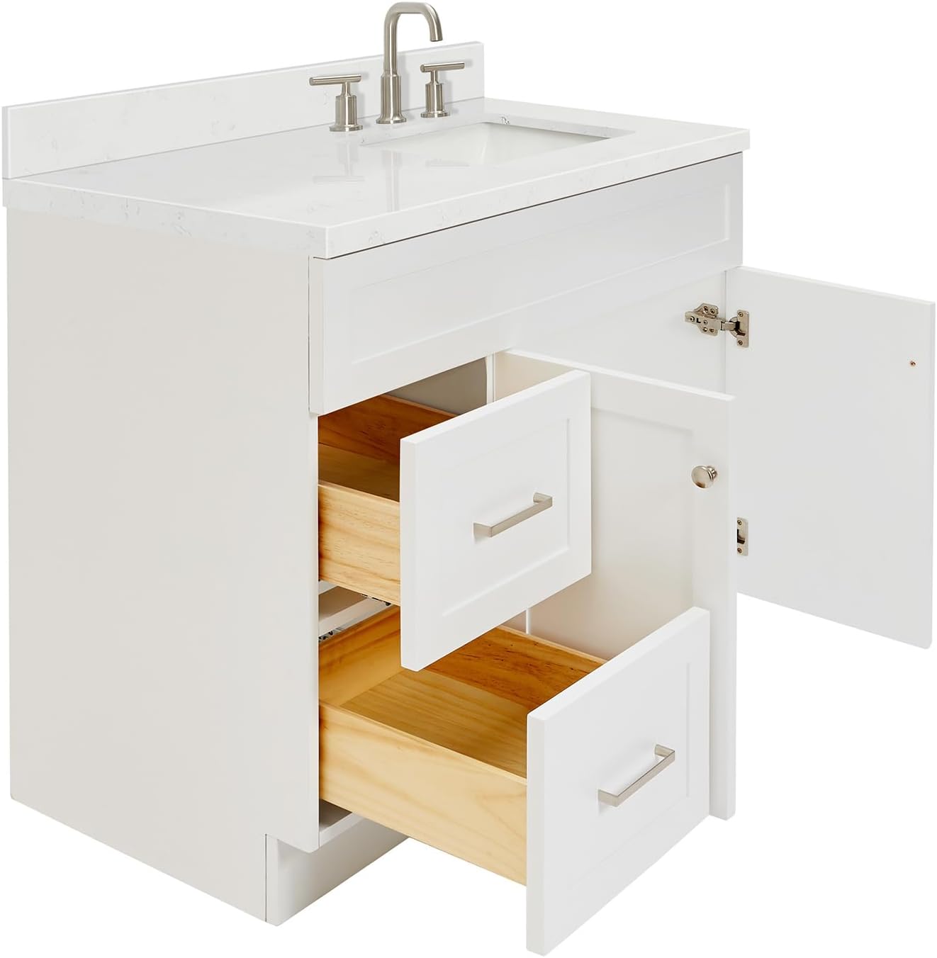 DKB Bradford 42-Inch White Single Bathroom Vanity with 1.5-Inch Carrara Quartz Countertop, Right Rectangular Sink, Solid Wood Frame, 2 Soft-Closing Doors, 2 Full Extension Dovetail Drawers, Toe Kick