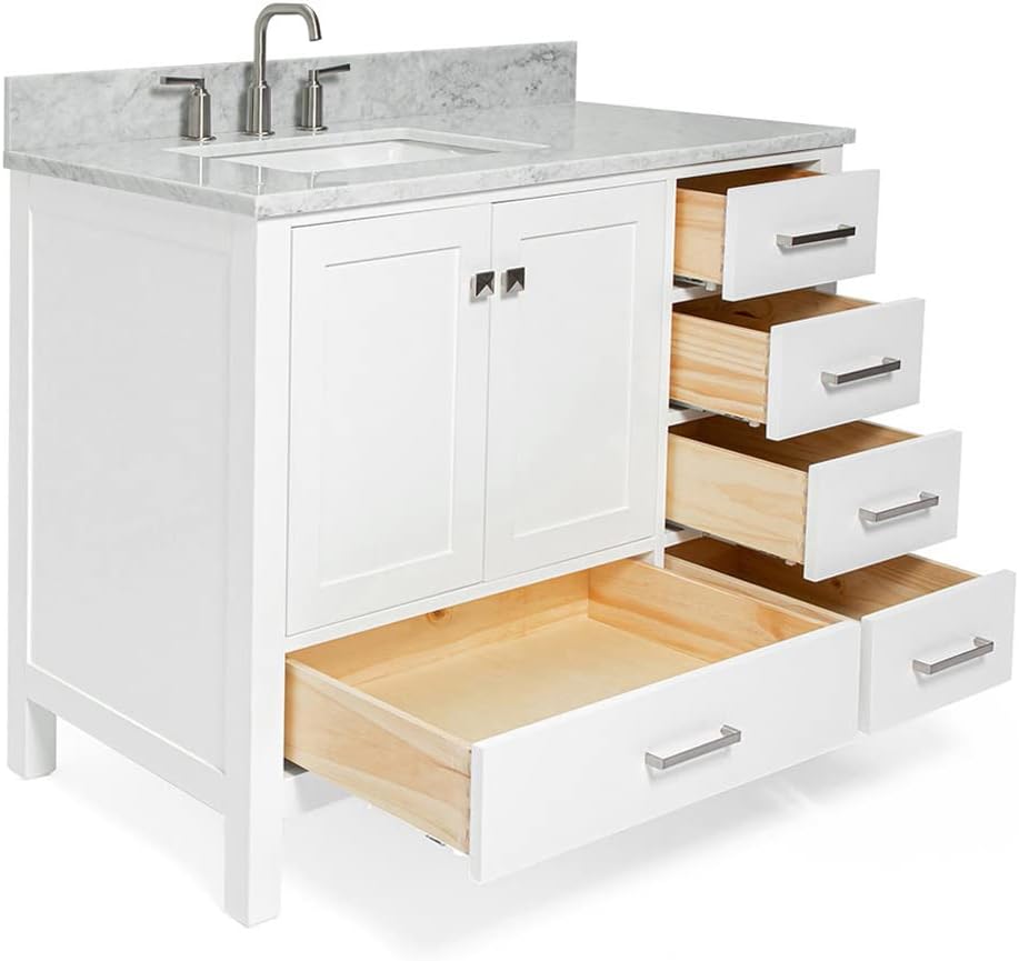 ARIEL Cambridge 43 in. Left Offset Rectangle Single Sink Vanity with Carrara White Marble Countertop in White