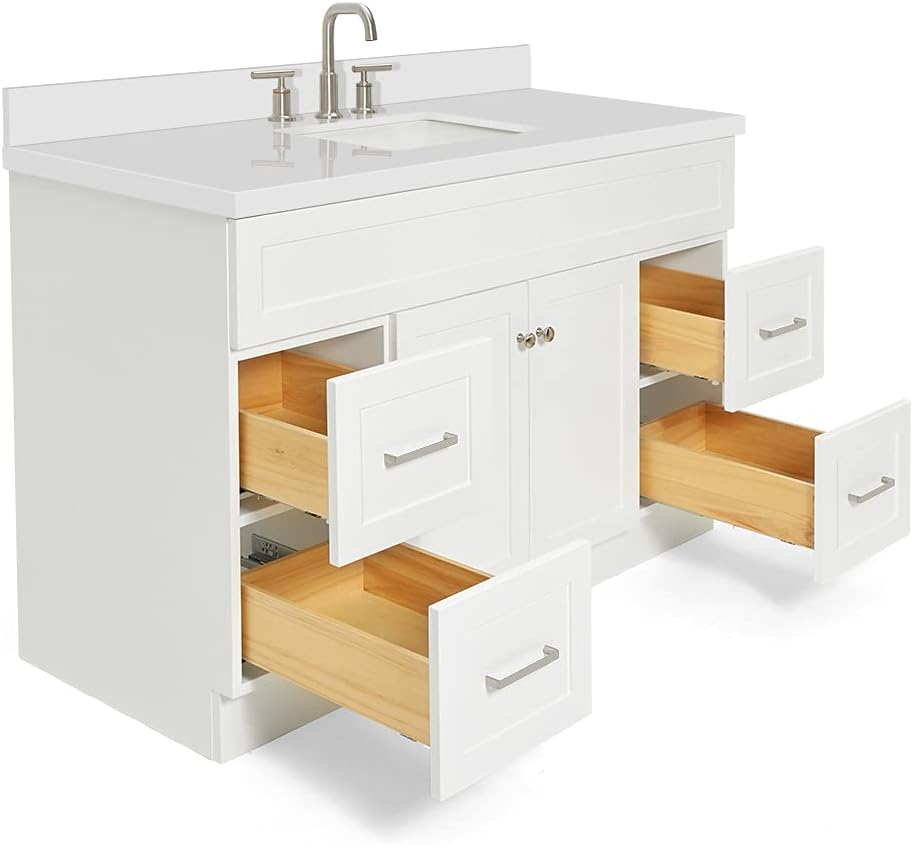 ARIEL Hamlet 54-inch Bathroom Vanity with Sink,Solid Wood, 1.5-inch Pure White Quartz Countertop & Backsplash, Single Rectangular Porcelain Sink, 2 Soft Closing Doors, 4 Dovetail Drawers, White