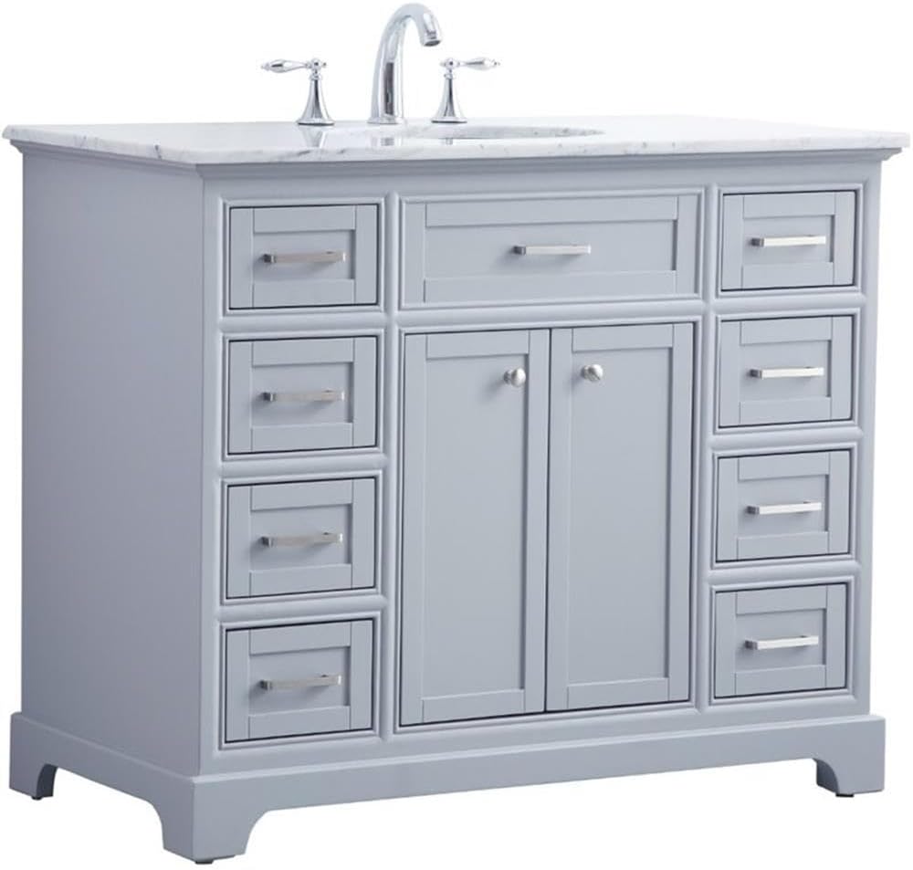 Pemberly Row 42' Single Bathroom Vanity, Solid Wood Base, Light Gray Finish, Carrara Marble Top, Undermount Porcelain Sink, 8 Drawers, 2 Door Cabinet, Free-Standing Design, Contemporary Style for