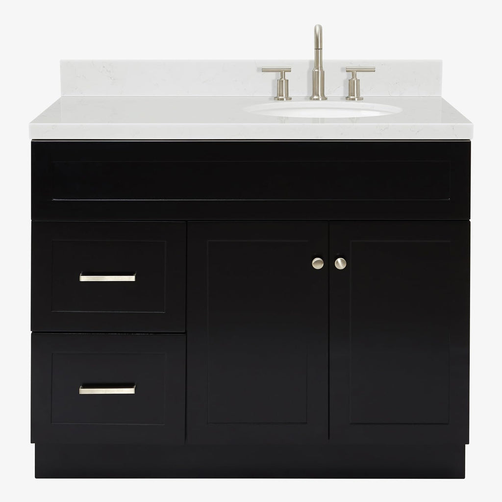 ARIEL Hamlet 42 in. Right Offset Oval Sink Bathroom Vanity with Carrara White Quartz Countertop 1.5 Edge in Black