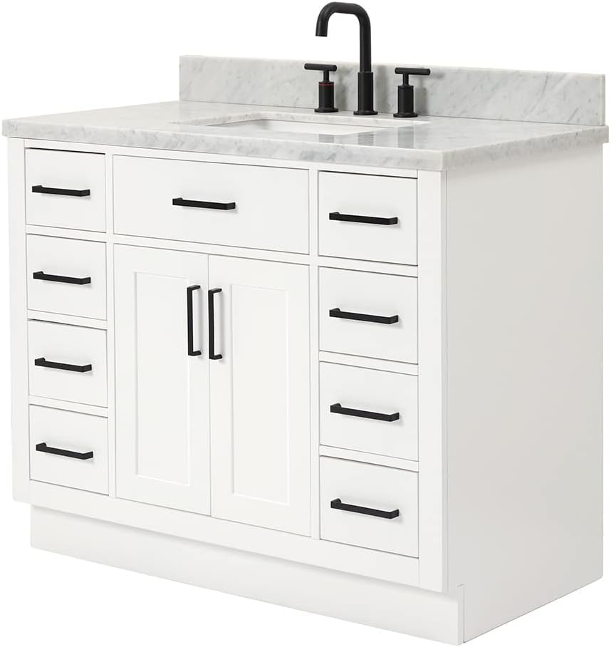 DKB Isabella 42-Inch White Single Bathroom Vanity with Sink, 1.5' Edge Italian Carrara Marble Countertop & Splash, Rectangular Undermount Sink, 2 Soft Closing Doors, 9 Dovetail Drawers, Toe Kick