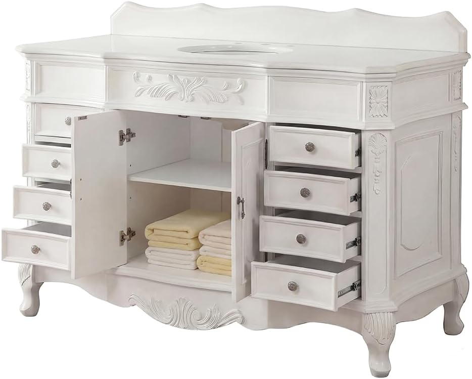 56 Inch Morton Antique Style White Single Sink Bathroom Vanity | White Quartz Top - CF-2815W-AW-56