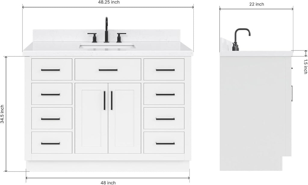 ARIEL Hepburn 48-inch Bathroom Vanity with Sink,Solid Wood, 1.5-inch Carrara White Quartz Countertop & Backsplash, Single Rectangular Porcelain Sink, 2 Soft Closing Doors, 9 Dovetail Drawers, White