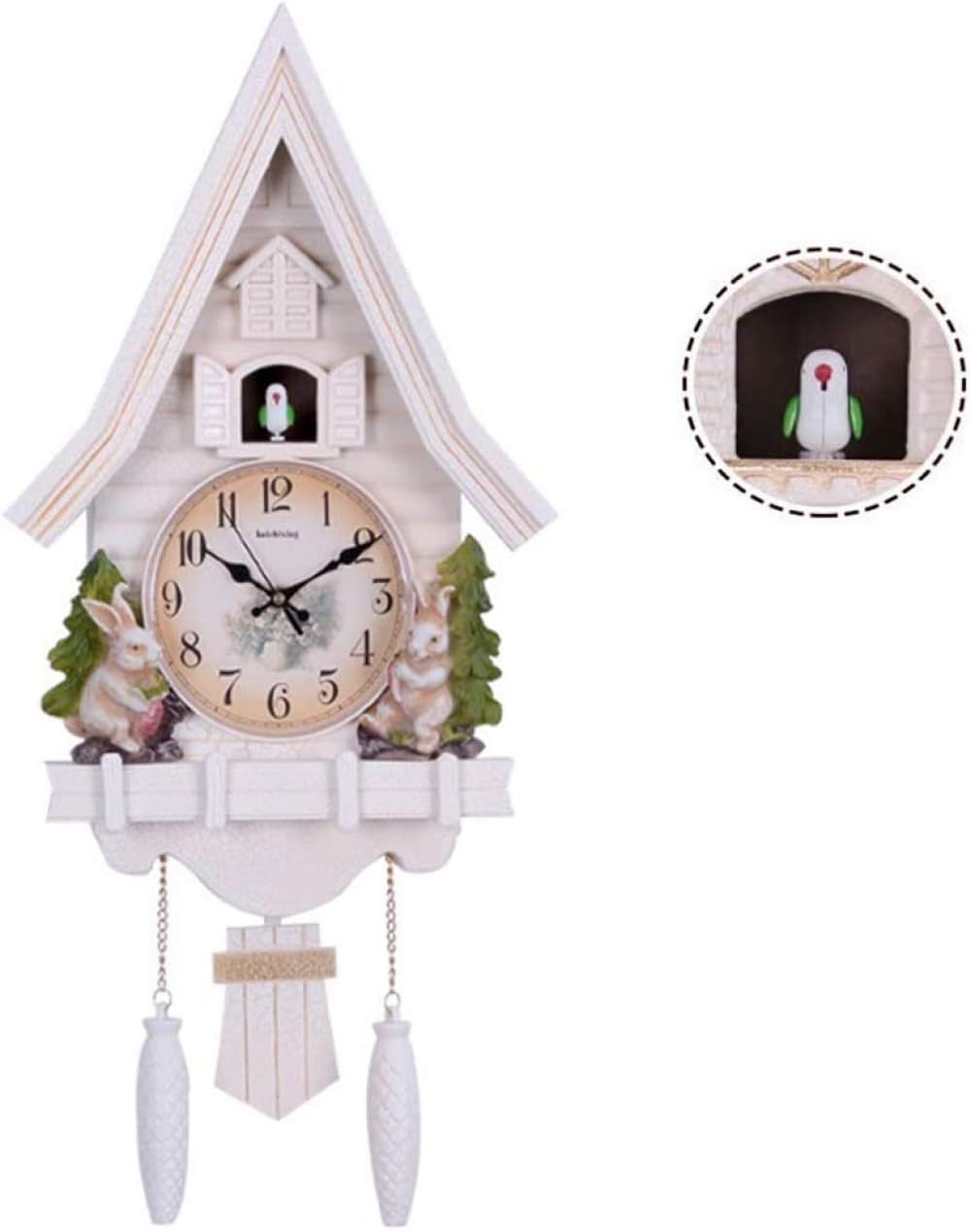 qiuqiu Chalet Style Cuckoo Clock, Black Forest Cuckoo Clock, Quartz Wall Clock Pendulum with Natural Voices for Birds, Battery Operated Cuckoo Chime, Home Decor