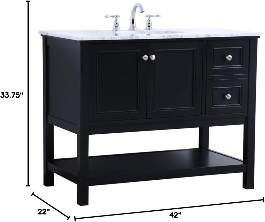 Pemberly Row Contemporary 42' Single Bathroom Vanity, Black Finish, Solid Poplar Wood Base, Carrara White Marble Top, Porcelain Undermount Sink, Soft-Close Drawers, Freestanding Design for Bathroom