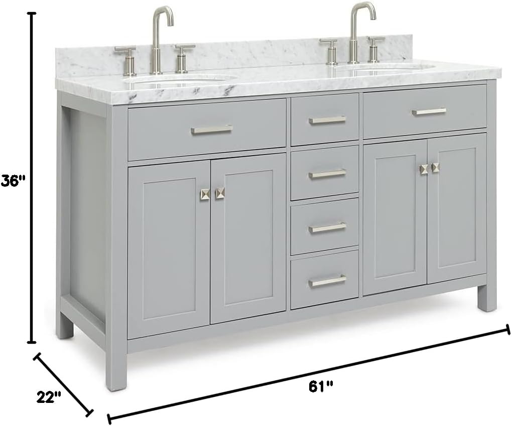ARIEL Bristol 60-inch Bathroom Vanity with Sink,Solid Wood, 1.5-inch Italian Carrara Marble Countertop, Double Oval Porcelain Sink, Soft Closing Doors, Dovetail Drawers, Grey