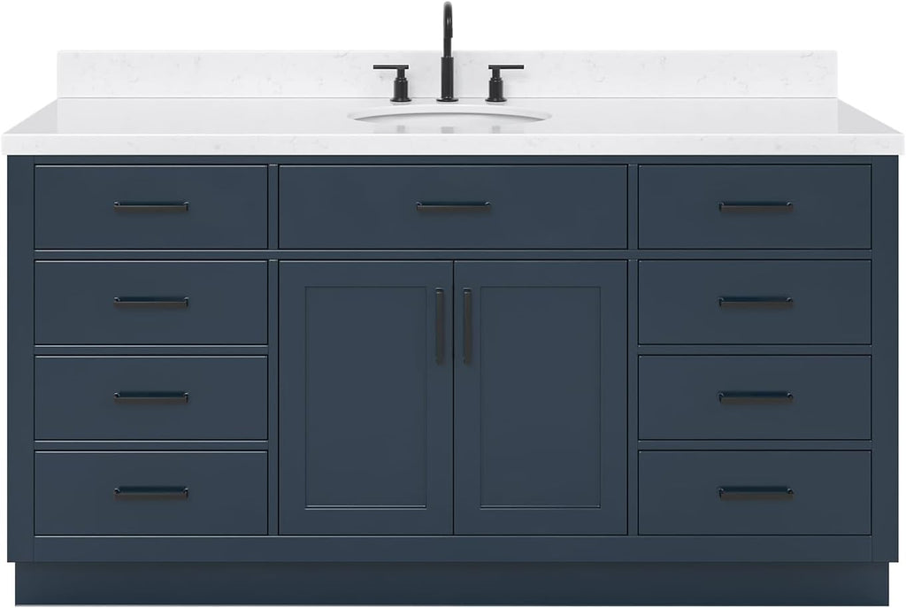 ARIEL Hepburn 66-inch Bathroom Vanity with Sink,Solid Wood, 1.5-inch Carrara White Quartz Countertop, Single Oval Porcelain Sink, 2 Soft Closing Doors, 9 Dovetail Drawers, Midnight Blue