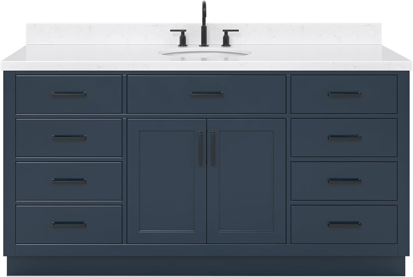 ARIEL Hepburn 66-inch Bathroom Vanity with Sink,Solid Wood, 1.5-inch Carrara White Quartz Countertop, Single Oval Porcelain Sink, 2 Soft Closing Doors, 9 Dovetail Drawers, Midnight Blue