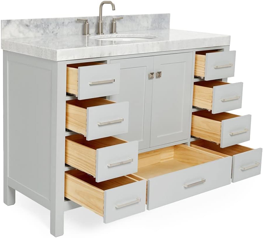 ARIEL Cambridge 48-inch Bathroom Vanity with Sink,Solid Wood, 2-inch Italian Carrara Marble Countertop & Backsplash, Single Oval Porcelain Sink, 2 Soft Closing Doors, 9 Dovetail Drawers, Grey