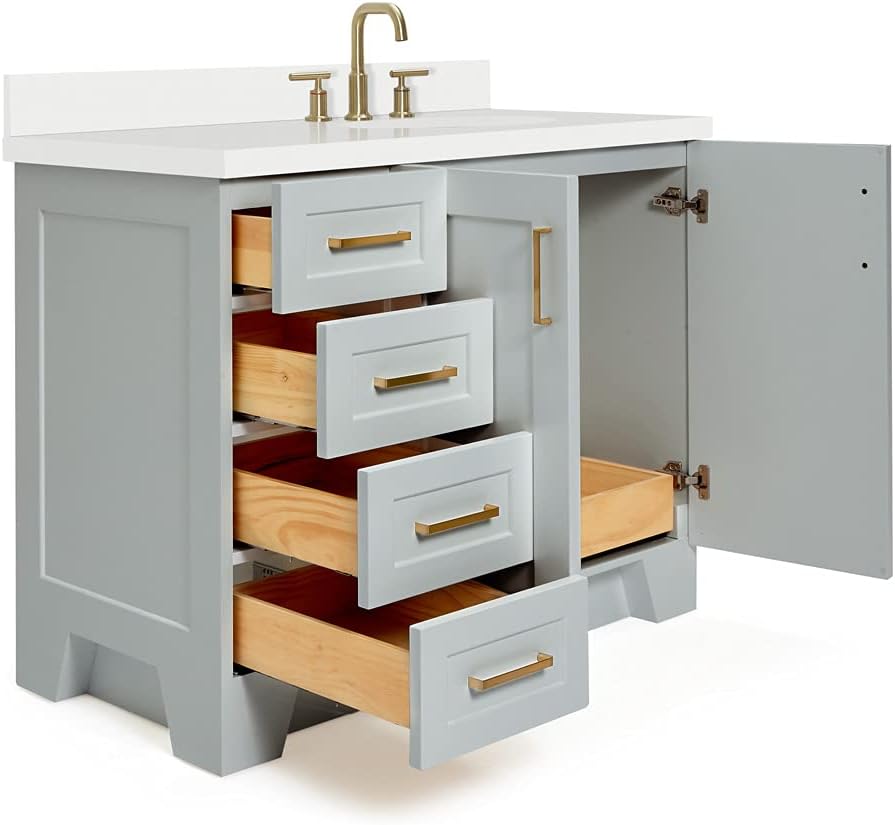 DKB Emilia 42' Grey Single Bathroom Vanity with Sink, 1.5' Pure White Quartz Countertop, Offset Oval Sink, 2 Soft-Closing Doors, 5 Dovetail Drawers