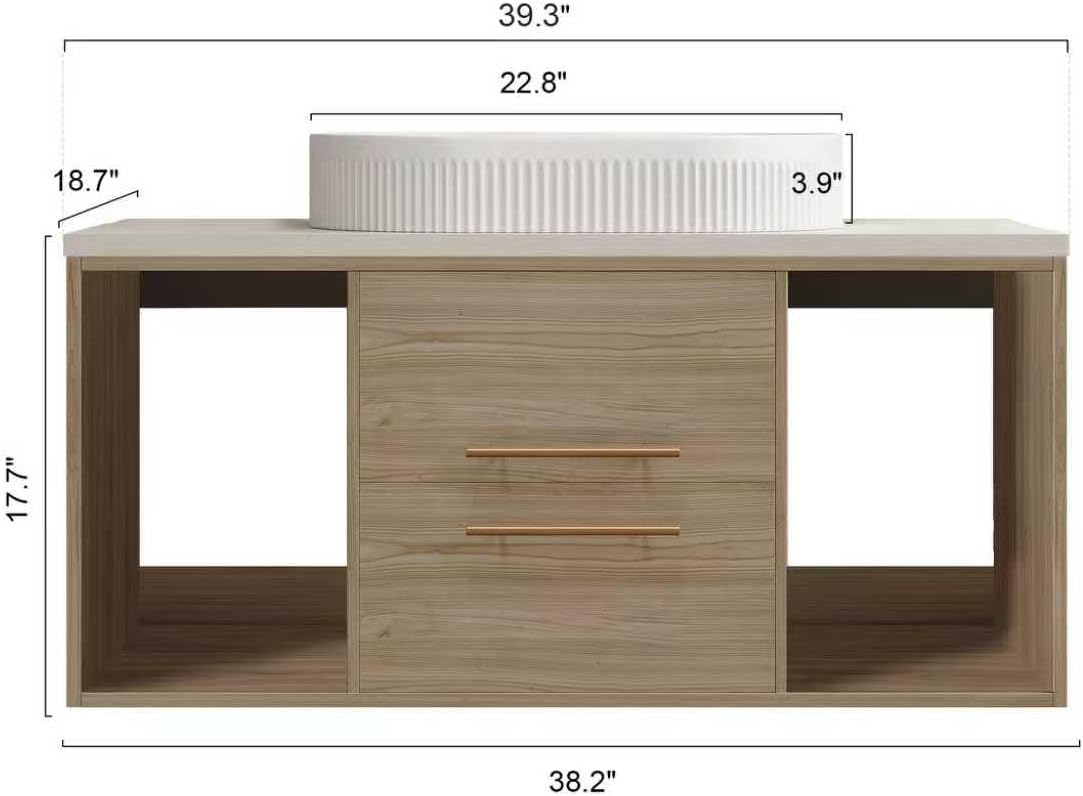 38.2' Floating Bathroom Vanities with Oval Ceramic Sink, Wall Mounted Bathroom Vanity Storage Cabinet with 2 Drawers and 2 Storage Spaces, Modern Bathroom Sink Cabinet with Gold Metal Handles,Oak