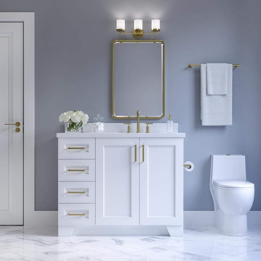 ARIEL Taylor 42-inch Bathroom Vanity with Sink,Solid Wood, 1.5-inch Pure White Quartz Countertop & Backsplash, Single Oval Porcelain Sink, 2 Soft Closing Doors, 5 Dovetail Drawers, White
