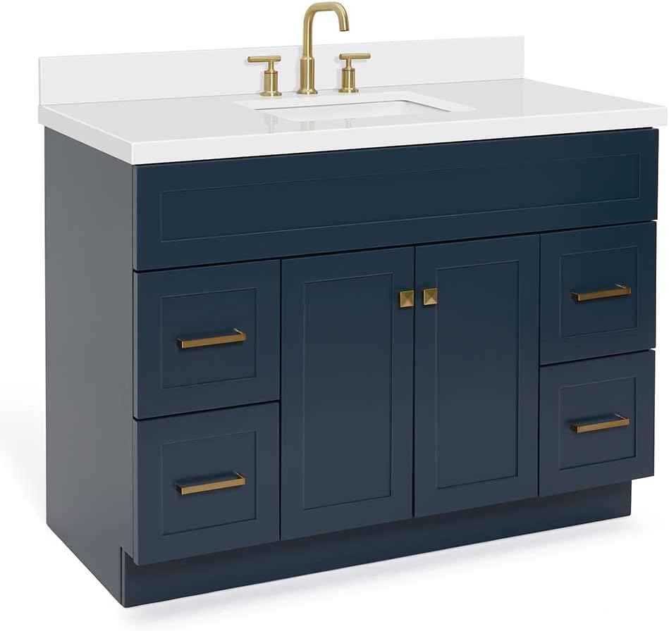 ARIEL Hamlet 48-inch Bathroom Vanity with Sink,Solid Wood, 1.5-inch Pure White Quartz Countertop, Single Rectangular Porcelain Sink, Soft Closing Doors, Dovetail Drawers, Midnight Blue