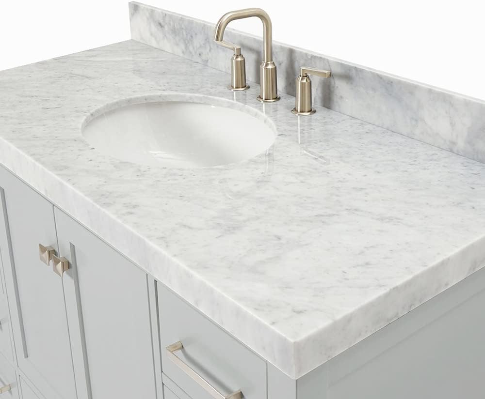 ARIEL Cambridge 48-inch Bathroom Vanity with Sink,Solid Wood, 2-inch Italian Carrara Marble Countertop & Backsplash, Single Oval Porcelain Sink, 2 Soft Closing Doors, 9 Dovetail Drawers, Grey
