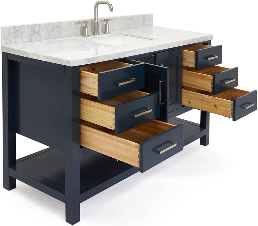 ARIEL Magnolia 54-inch Bathroom Vanity with Sink,Solid Wood, 1.5-inch Italian Carrara Marble Countertop, Single Rectangular Porcelain Sink, 2 Soft Closing Doors, 6 Dovetail Drawers, Midnight Blue