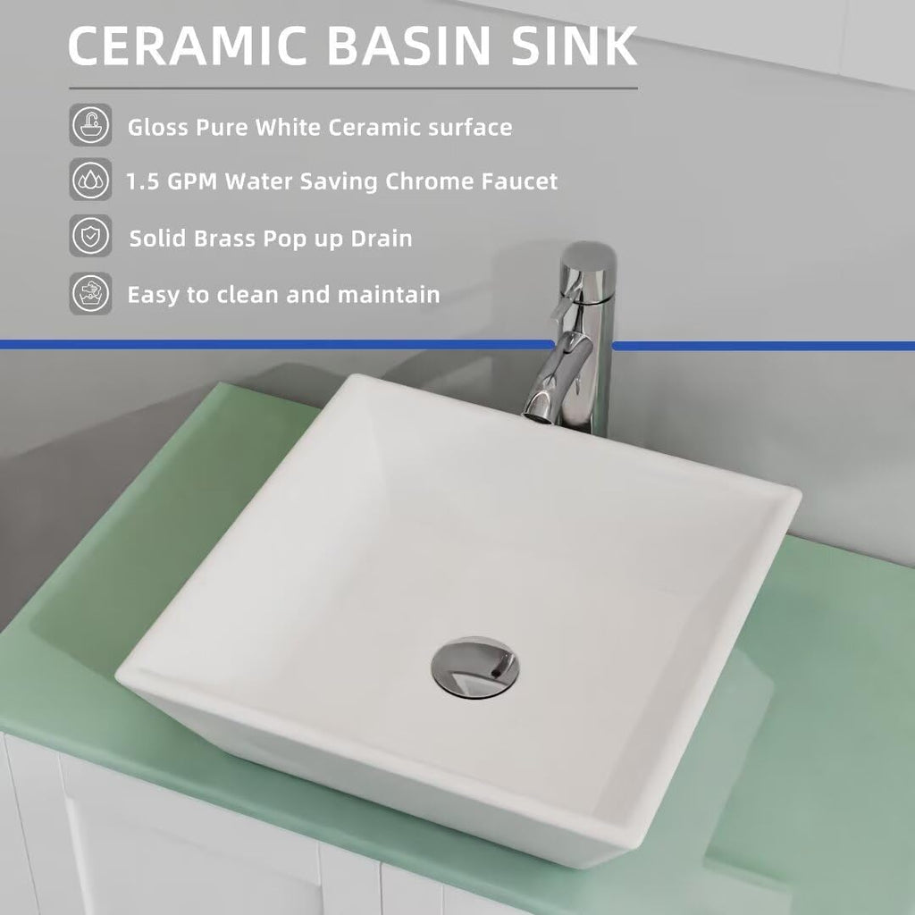 White 30' Bathroom Vanity Sink Combo Wood Bathroom Cabinet Glass Top w/Mirror Faucet & Drain Set