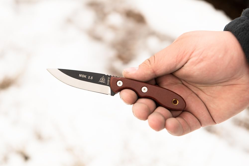 TOPS Knives Mini Scandi Knife Full Tang Fixed Blade- Black Traction Coating Blade Finish- Black Kydex Sheath
