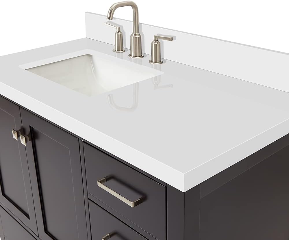 DKB Beckford 42-Inch Espresso Bathroom Vanity with Sink, Solid Wood Frame, Pure White Quartz Countertop 1.5' Edge, Left Rectangular Undermount Sink, 2 Soft Closing Doors, 5 Full Extension Drawers