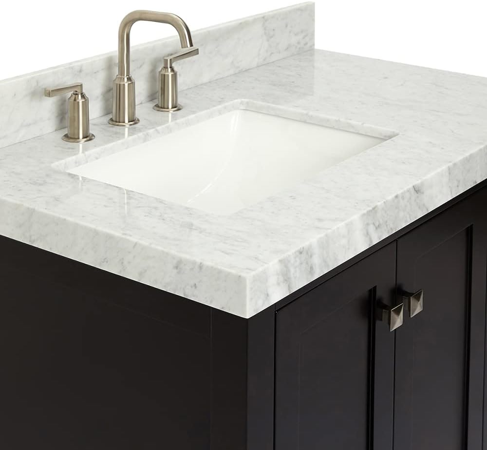 ARIEL Cambridge 36-inch Bathroom Vanity with Sink,Solid Wood, 2-inch Italian Carrara Marble Countertop, Single Rectangular Porcelain Sink, 2 Soft Closing Doors, 5 Dovetail Drawers, Espresso