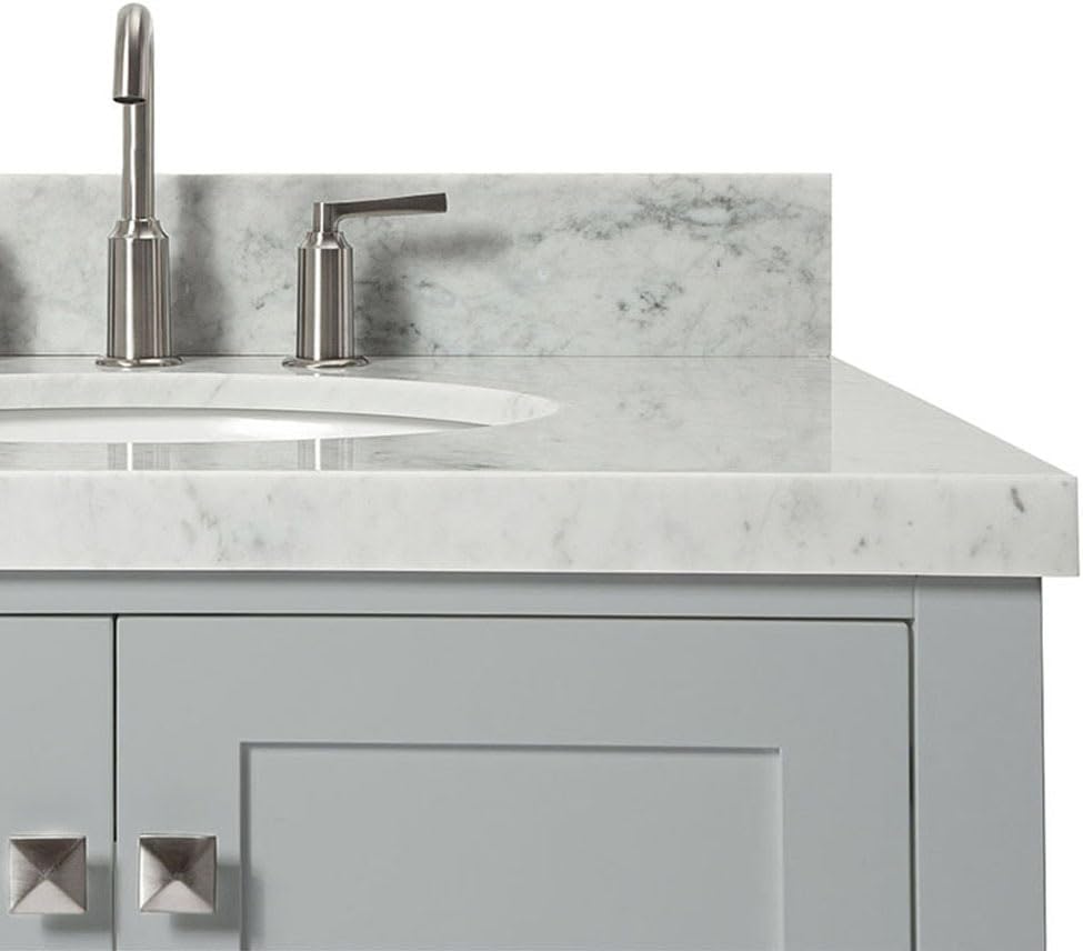 DKB Beckford 42-Inch Gray Bathroom Vanity with Carrara White Marble Countertop, Right Offset Oval Sink, 2 Soft Closing Doors, 5 Dovetail Drawers, Satin Nickel, No Mirror