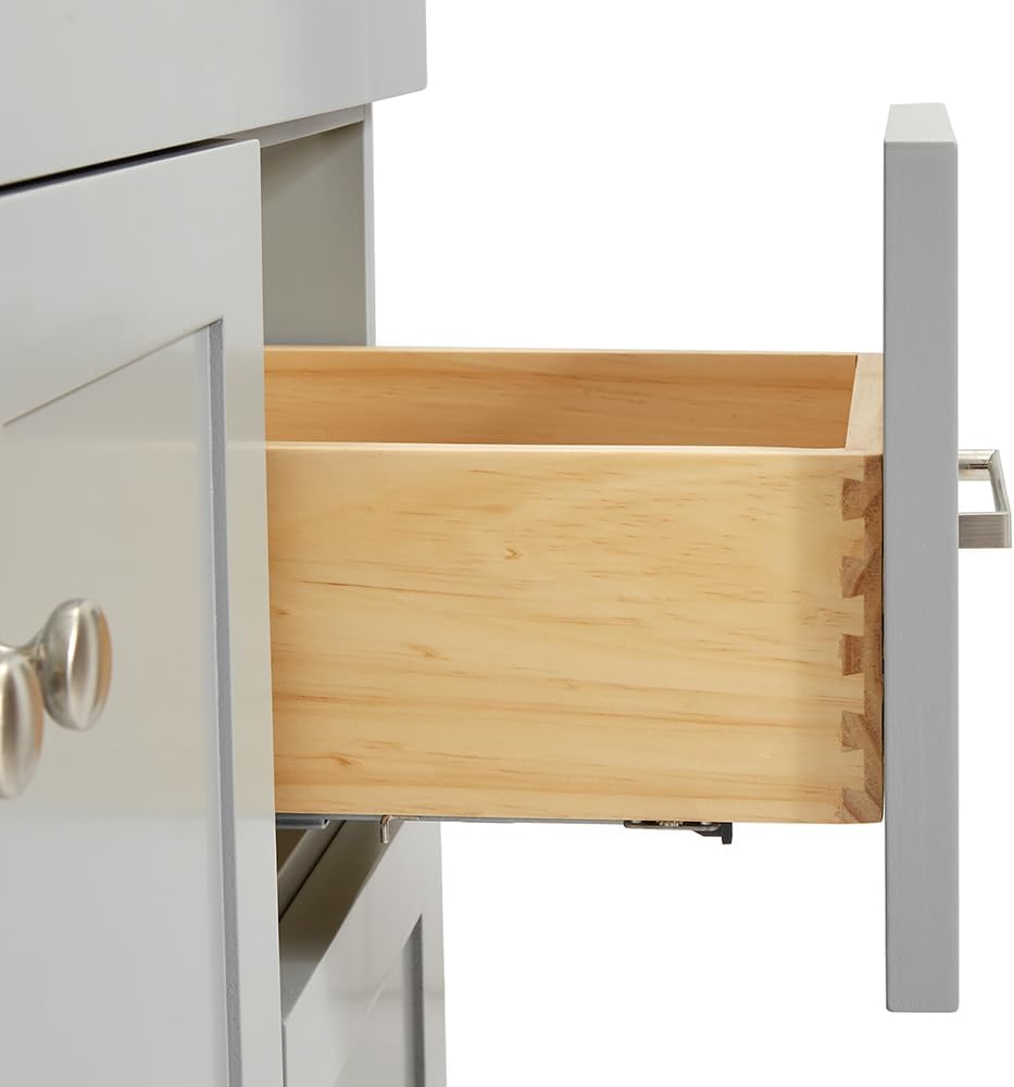 DKB Bradford 36-Inch Grey Bathroom Vanity with 1.5-Inch Edge Italian Carrara Marble Countertop & Backsplash, Left Oval Sink, 2 Soft-Closing Doors, 2 Dovetail Drawers, Brushed Nickel Hardware