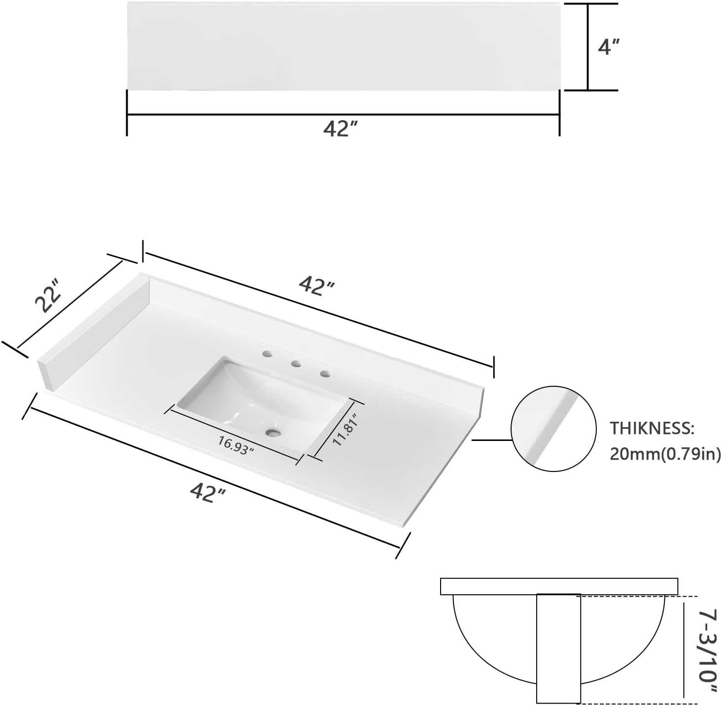 42' x 22' Vanity Top, Quartz Vanity Sink Top in Pure White, with One Sidesplash & One Backsplash, with Undermounted Sink,8 Inch Faucet Hole Spread for Vanity Top with Sink