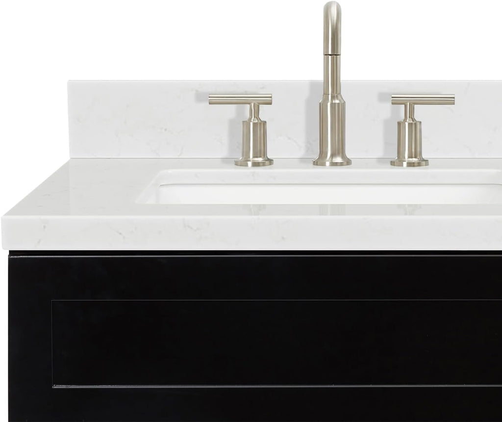 ARIEL Hamlet 36-inch Bathroom Vanity with Sink,Solid Wood, 1.5-inch Carrara White Quartz Countertop & Backsplash, Single Rectangular Porcelain Sink, 2 Soft Closing Doors, 2 Dovetail Drawers, Black