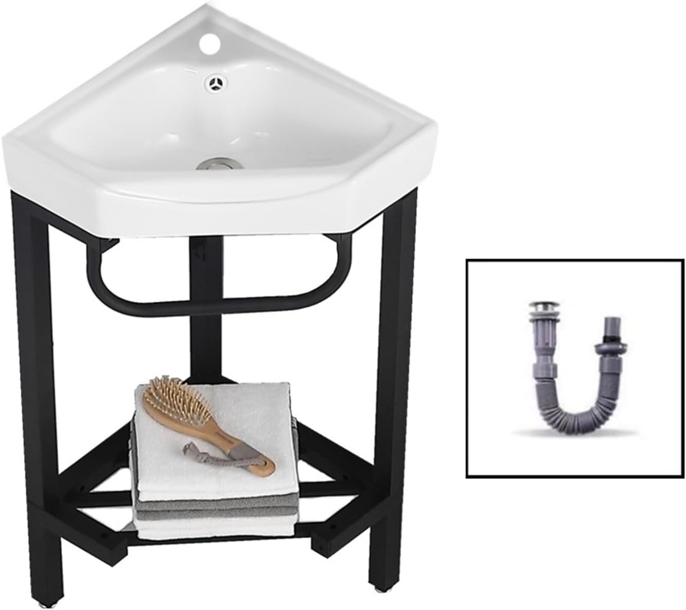 Bathroom Pedestal Sink, Corner Bathroom Vanity Sink with Stainless Steel Storage Stand, Triangular Ceramic Basin Top Console Sink Freestanding Sink with Faucet & Drain an(A 42CM)