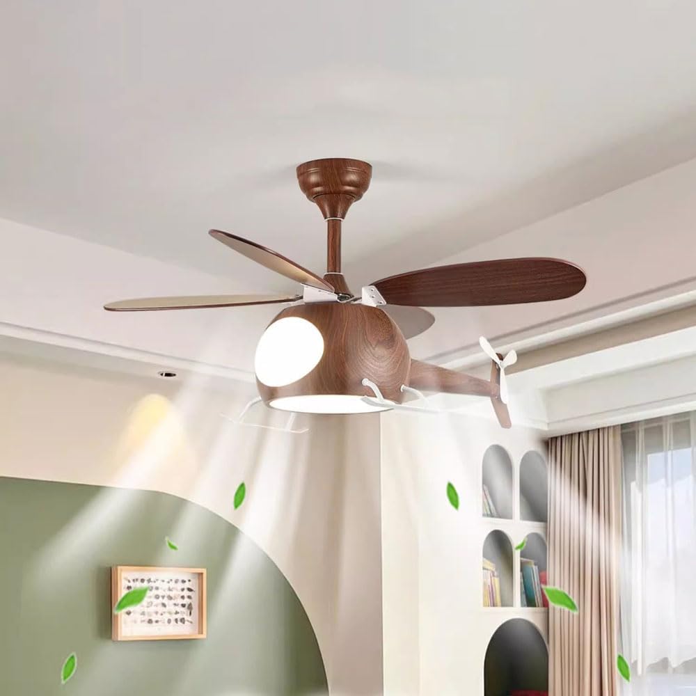 Children's Bedroom Ceiling Fan With Lights,Dimmable Kids Room Cartoon Ceiling Fan Lamp,Helicopter Model Wood Grain Airplane Pendant Light Decoration Fixtures,Remote Control Speed,Hydrographic Printing