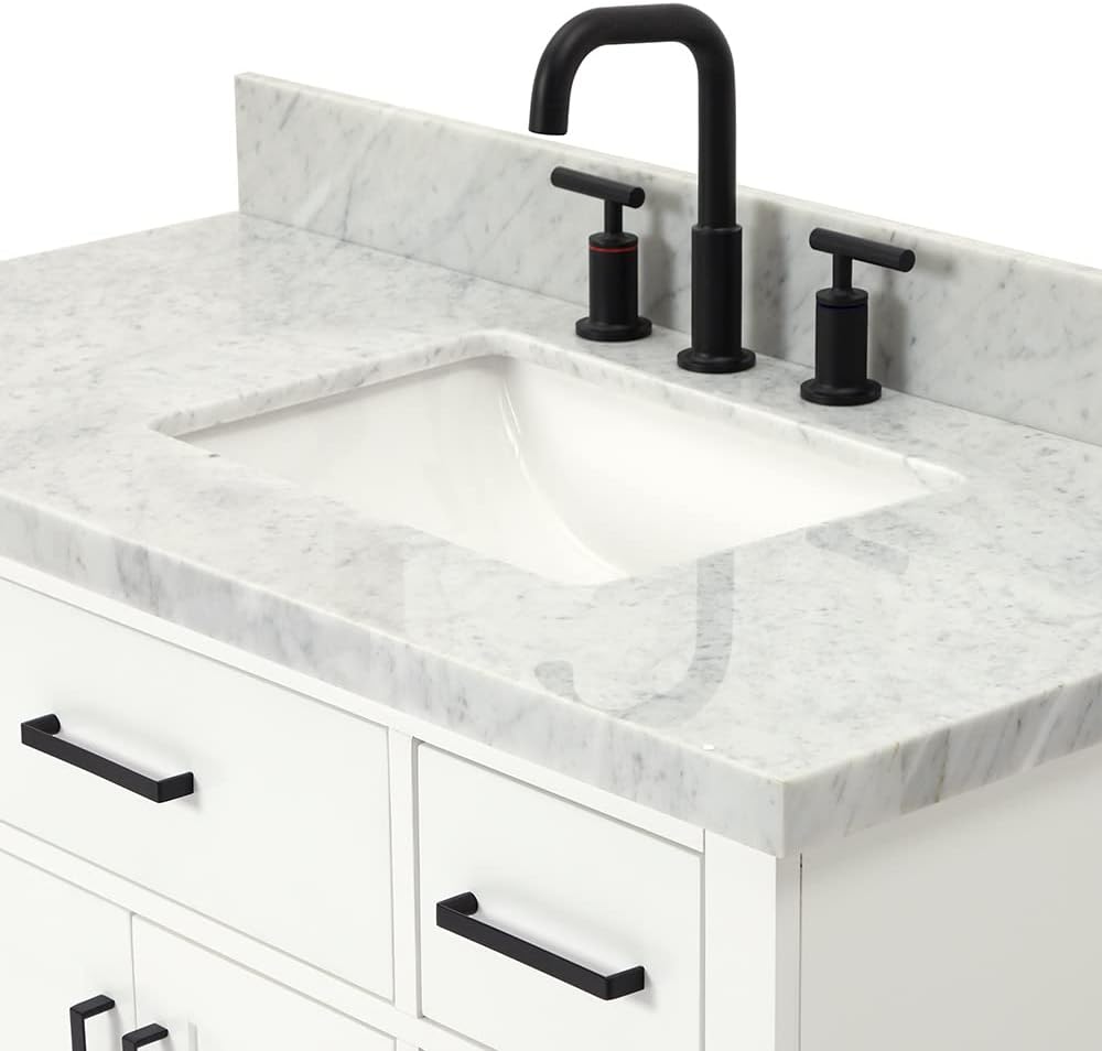 DKB Isabella 42-Inch White Single Bathroom Vanity with Sink, 1.5' Edge Italian Carrara Marble Countertop & Splash, Rectangular Undermount Sink, 2 Soft Closing Doors, 9 Dovetail Drawers, Toe Kick