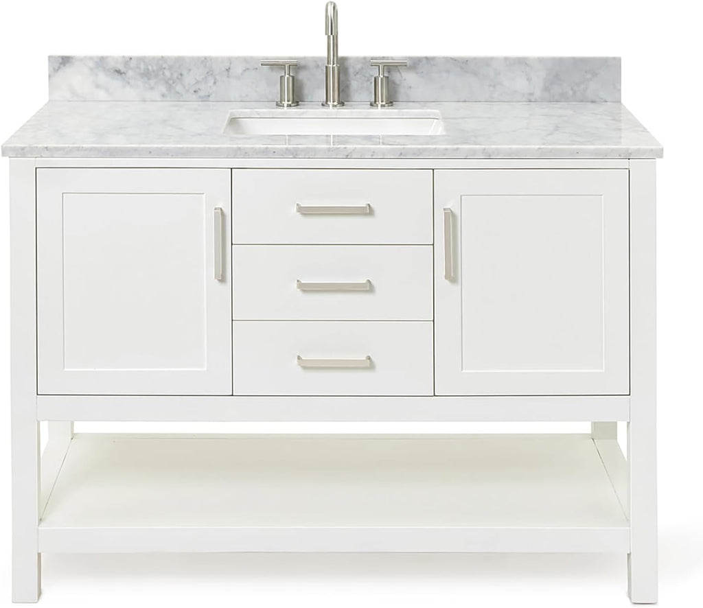 ARIEL Bayhill 48-inch Bathroom Vanity with Sink,Solid Wood, 0.75-inch Italian Carrara Marble Countertop, Single Rectangular Porcelain Sink, 2 Soft Closing Doors, 2 Dovetail Drawers, White