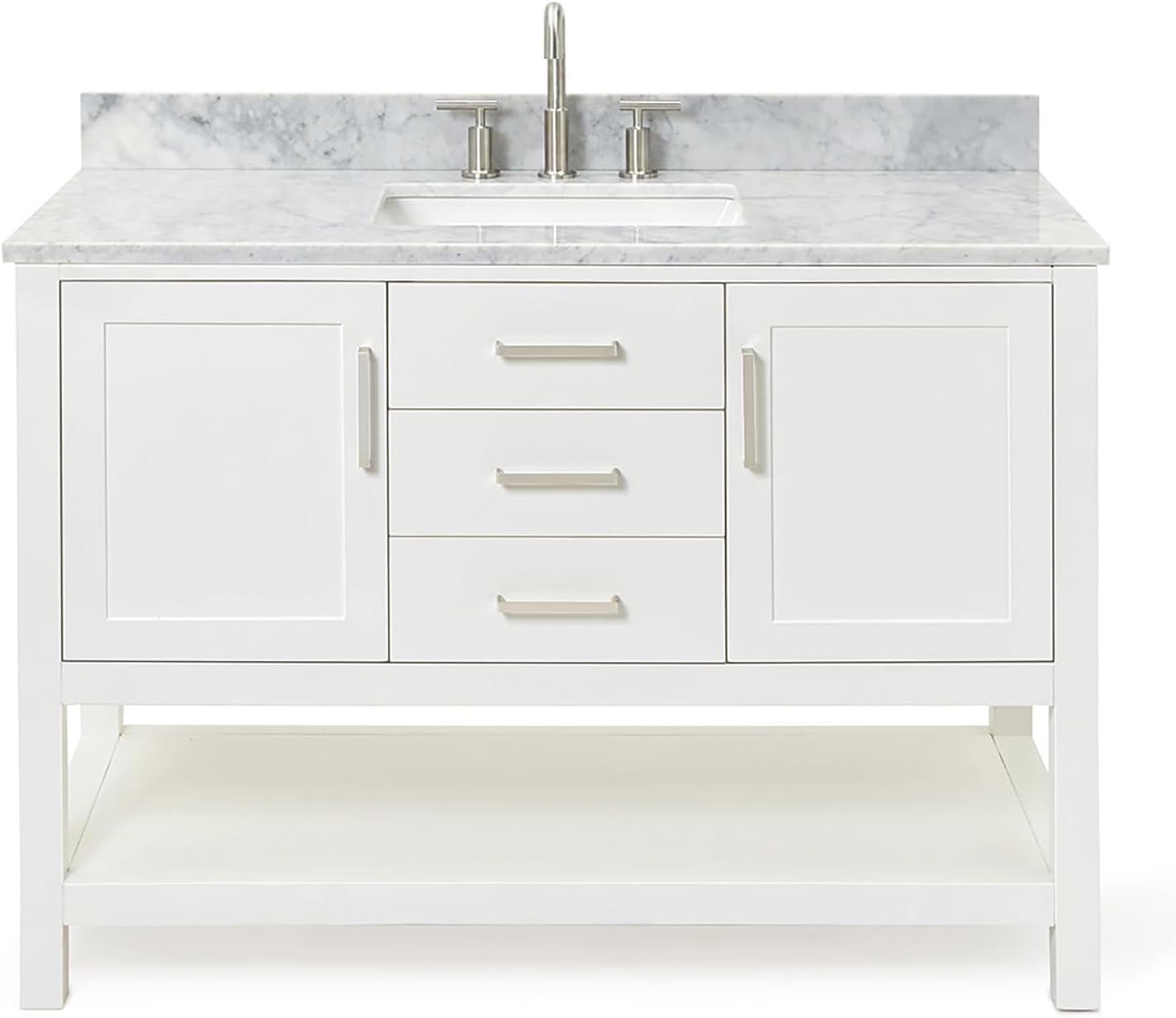 ARIEL Bayhill 48-inch Bathroom Vanity with Sink,Solid Wood, 0.75-inch Italian Carrara Marble Countertop, Single Rectangular Porcelain Sink, 2 Soft Closing Doors, 2 Dovetail Drawers, White