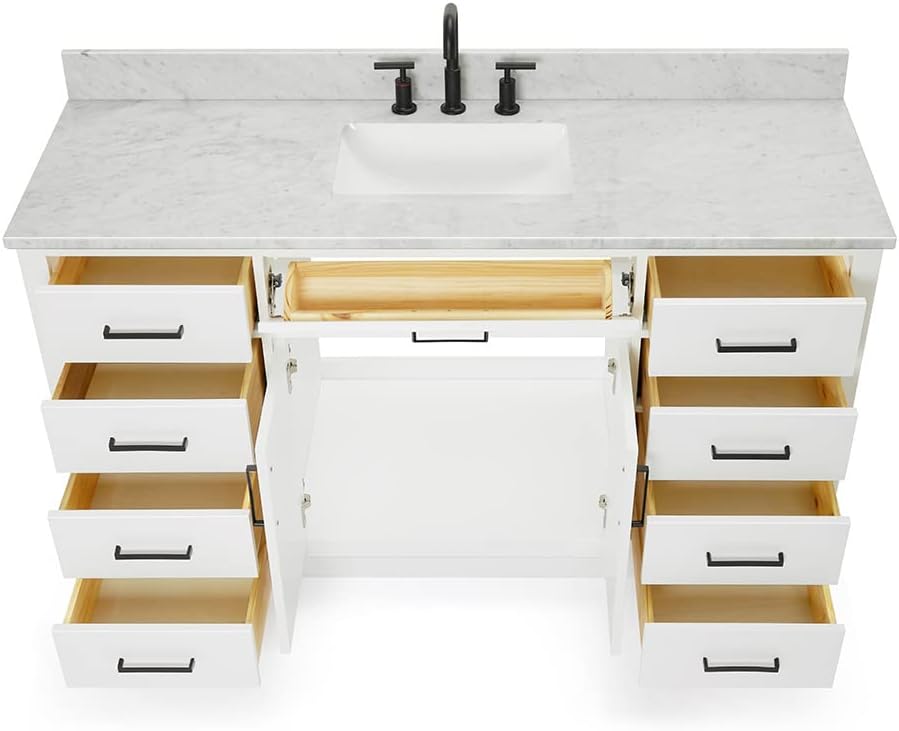 ARIEL Hepburn 60-inch Bathroom Vanity with Sink,Solid Wood, 0.75-inch Italian Carrara Marble Countertop, Single Rectangular Porcelain Sink, 2 Soft Closing Doors, 9 Dovetail Drawers, White