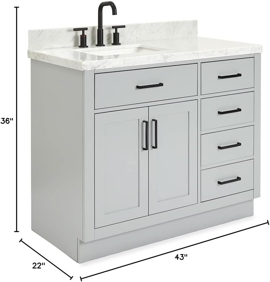 ARIEL 42' Gray Single Bathroom Vanity with Sink, 1.5' Edge Italian Carrara Marble Top, Solid Wood Frame, Rectangular Undermount Sink, 2 Soft Closing Doors, 9 Dovetail Drawers