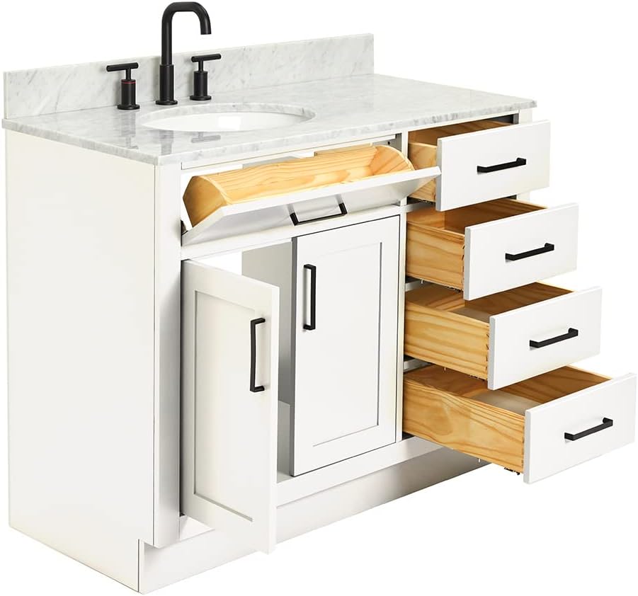 ARIEL Hepburn 43' Inch Left Offset Oval Sink Vanity with 0.75 Inch Edge Carrara White Countertop in White
