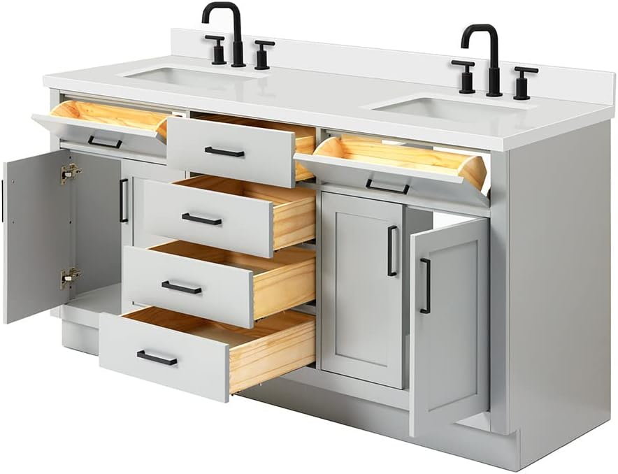 DKB Isabella 72 Inch Bathroom Vanity Double Sink — Grey Bathroom Vanity with Sink, 1.5' Edge Pure White Quartz Countertop, 4 Soft-Close Doors, 4 Dovetail Drawers, and 2 Tilt Drawers