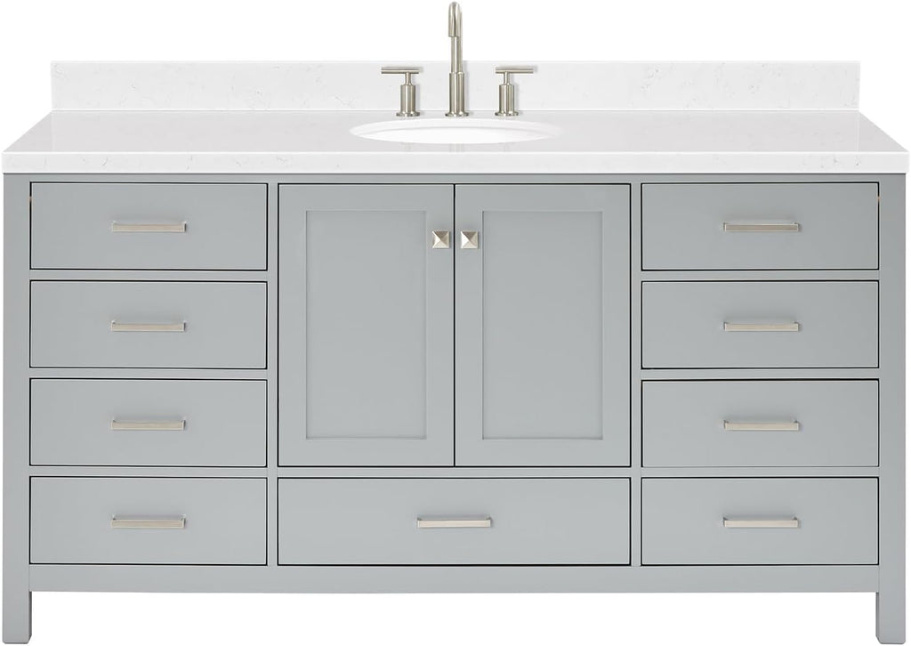 ARIEL Cambridge 66-inch Bathroom Vanity with Sink,Solid Wood, 1.5-inch Carrara White Quartz Countertop & Backsplash, Single Oval Porcelain Sink, 2 Soft Closing Doors, 9 Dovetail Drawers, Grey