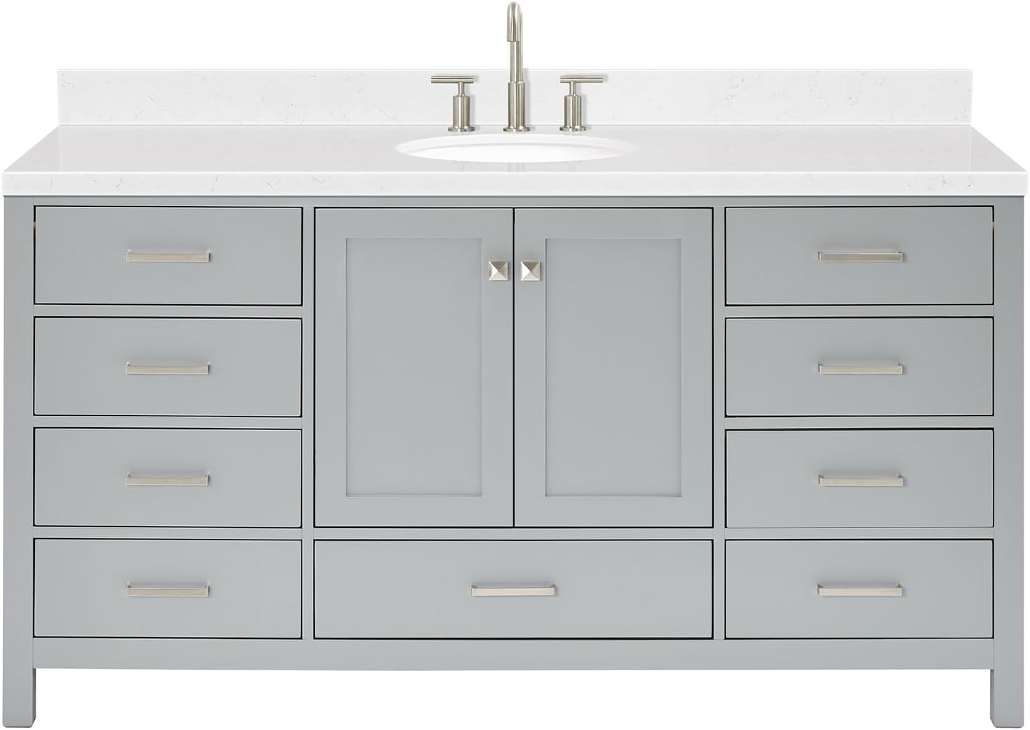 ARIEL Cambridge 66-inch Bathroom Vanity with Sink,Solid Wood, 1.5-inch Carrara White Quartz Countertop & Backsplash, Single Oval Porcelain Sink, 2 Soft Closing Doors, 9 Dovetail Drawers, Grey