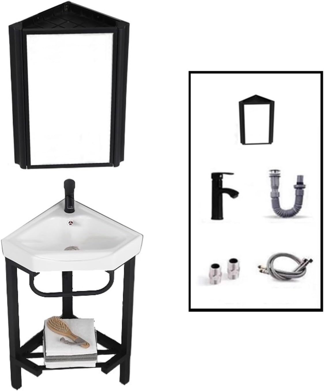 Bathroom Pedestal Sink, Corner Bathroom Vanity Sink with Stainless Steel Storage Stand, Triangular Ceramic Basin Top Console Sink Freestanding Sink with Faucet & Drain an(D 38CM)