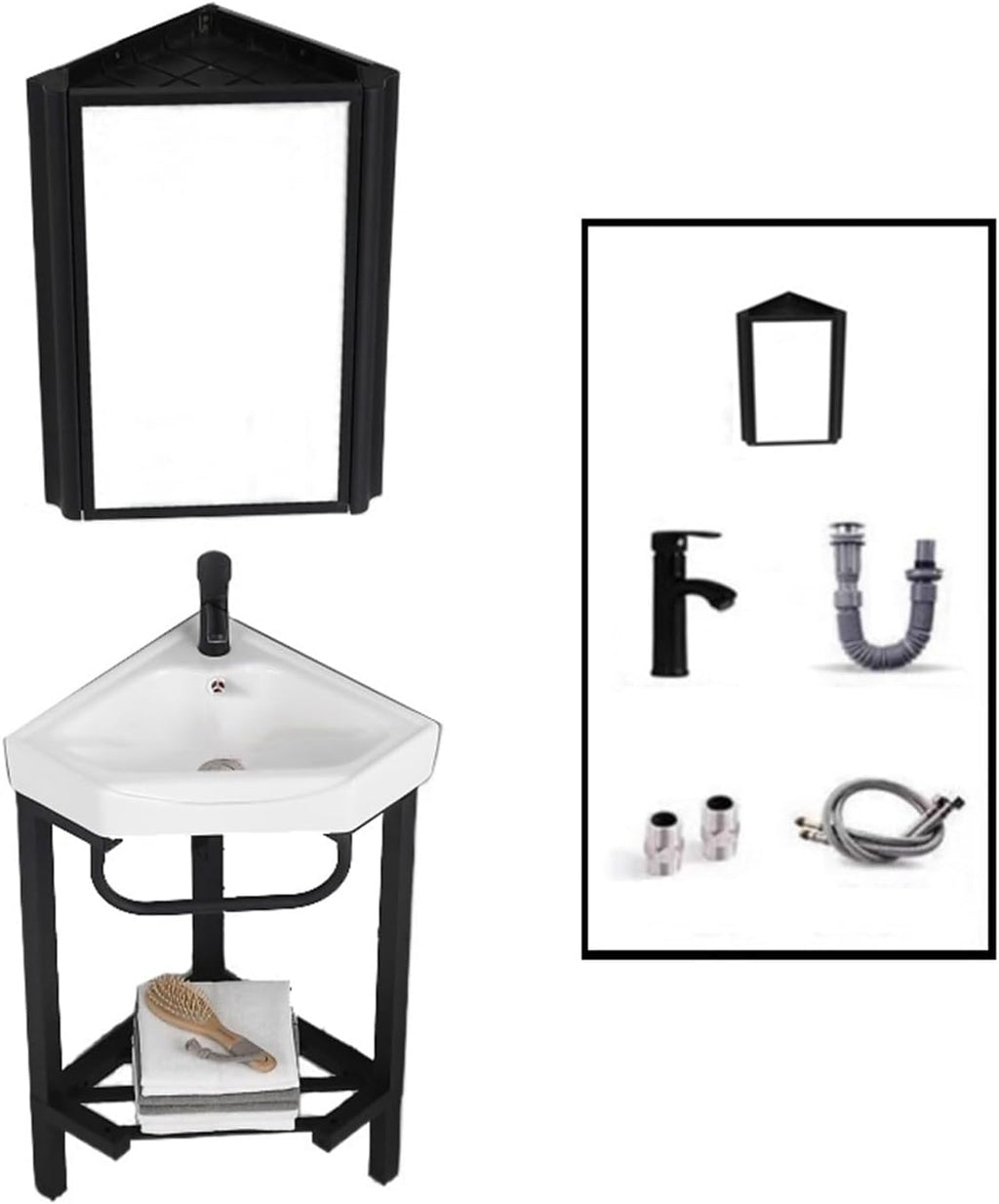 Bathroom Pedestal Sink, Corner Bathroom Vanity Sink with Stainless Steel Storage Stand, Triangular Ceramic Basin Top Console Sink Freestanding Sink with Faucet & Drain an(D 42CM)
