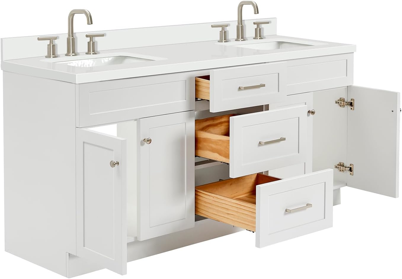 ARIEL Hamlet 72-inch Bathroom Vanity with Sink,Solid Wood, 1.5-inch Pure White Quartz Countertop & Backsplash, Double Rectangular Porcelain Sink, 4 Soft Closing Doors, 3 Dovetail Drawers, White