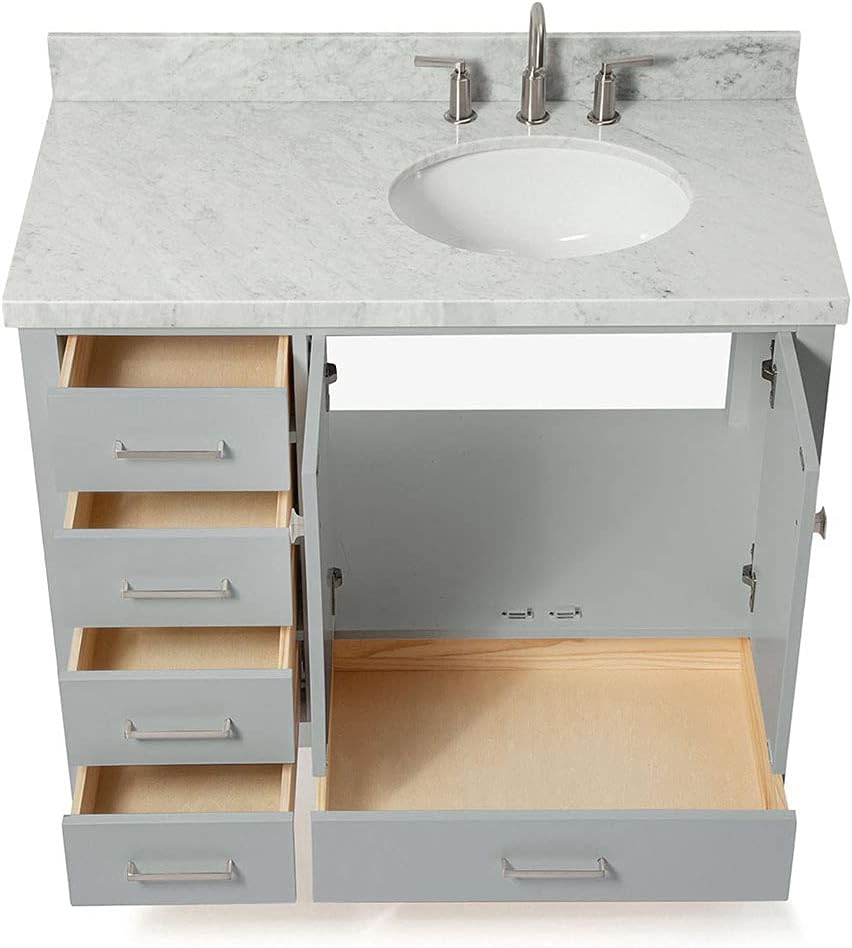 ARIEL Cambridge 42-inch Bathroom Vanity with Sink,Solid Wood, 1.5-inch Italian Carrara Marble Countertop & Backsplash, Single Oval Porcelain Sink, 2 Soft Closing Doors, 5 Dovetail Drawers, Grey