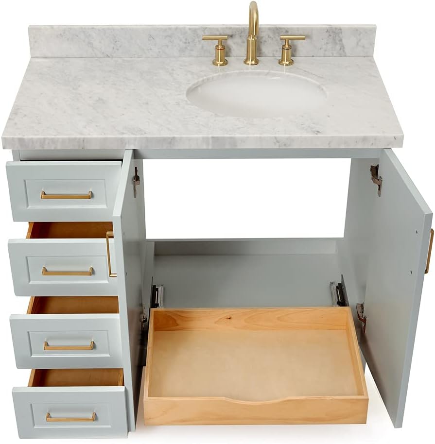 DKB Emilia 42-Inch Gray Bathroom Vanity with Sink, 1.5' Edge Italian Carrara Marble Countertop & 4' Backsplash, Right Oval Sink, 2 Soft-Closing Doors, 5 Dovetail Drawers, Solid Wood Base, Toe Kick