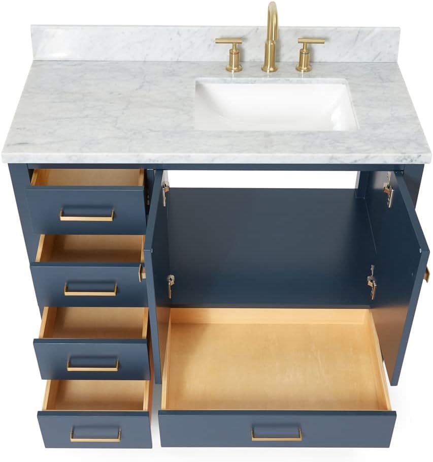 ARIEL Cambridge 43 in. Right Offset Rectangle Single Sink Vanity with Carrara White Marble Countertop in Midnight Blue