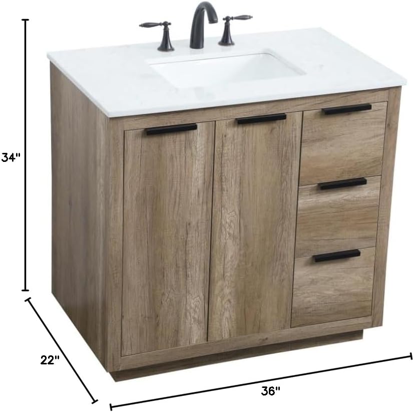 36 Single Bathroom Vanity, with Engineered Marble Top Soft-Close, Natural Oak