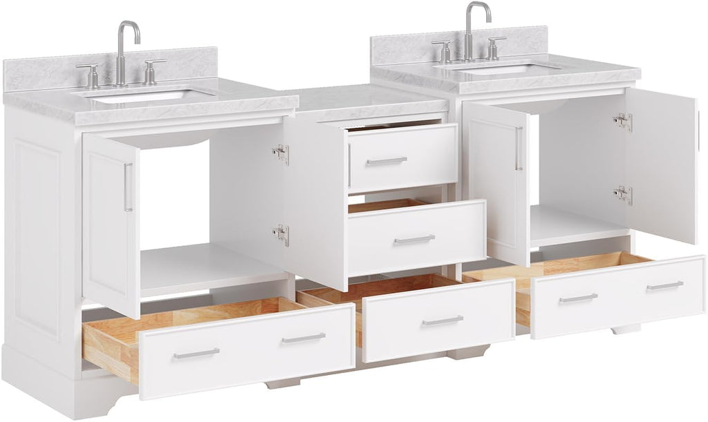 ARIEL Stafford 84-inch Bathroom Vanity with Sink,Solid Wood, 1.5in Italian Carrara Marble Countertop & Backsplash, Double Rectangular Porcelain Sink, 4 Soft Closing Doors, 5 Dovetail Drawers, White