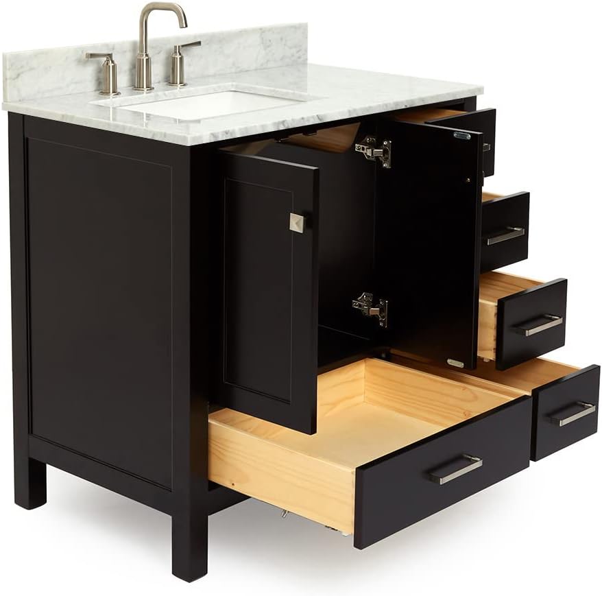 ARIEL Cambridge 36-inch Bathroom Vanity with Sink,Solid Wood, 0.75-inch Italian Carrara Marble Countertop, Single Rectangular Porcelain Sink, 2 Soft Closing Doors, 5 Dovetail Drawers, Espresso