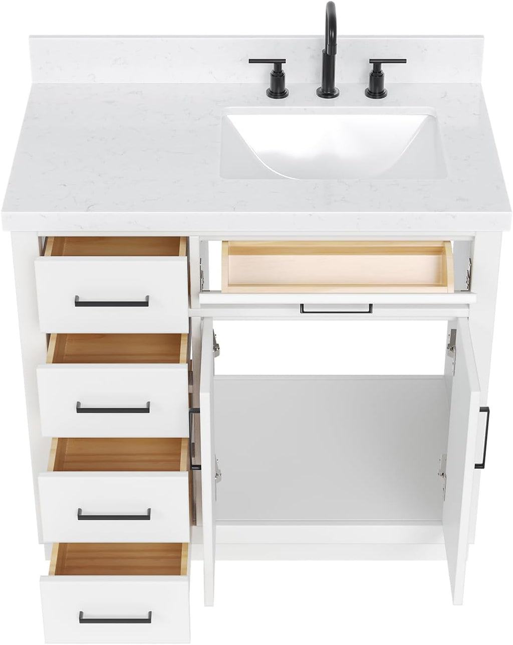 ARIEL Hepburn 36-inch Bathroom Vanity with Sink,Solid Wood, 1.5-inch Carrara White Quartz Countertop & Backsplash, Single Rectangular Porcelain Sink, 2 Soft Closing Doors, 5 Dovetail Drawers, White
